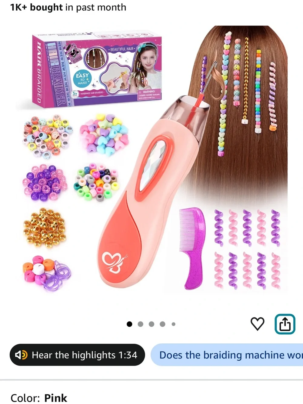 NEW Pink Hair Braider & Bead Stamper Kit Kids Hair Accessory Toy